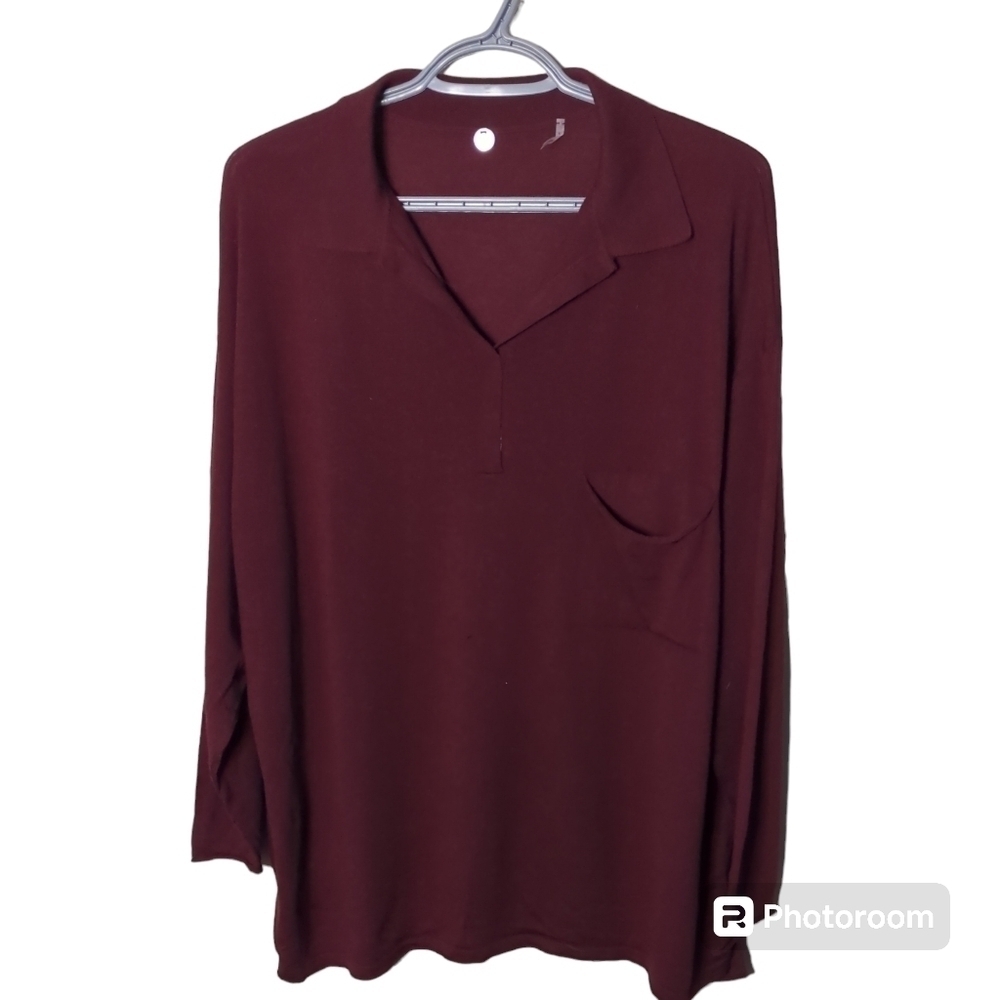 Margaret O'Leary Burgundy‎ 100% Light Merino Wool V Neck Collared Shirt Small